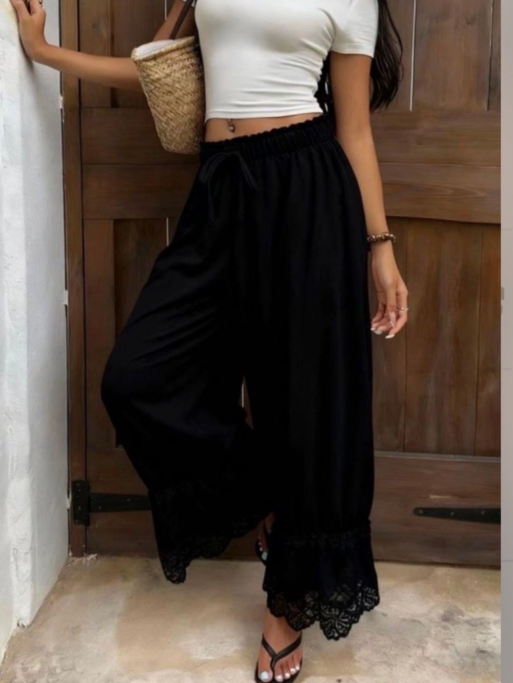 Wide Leg Bloomer Pants with Lace Cuffs Black NWOT